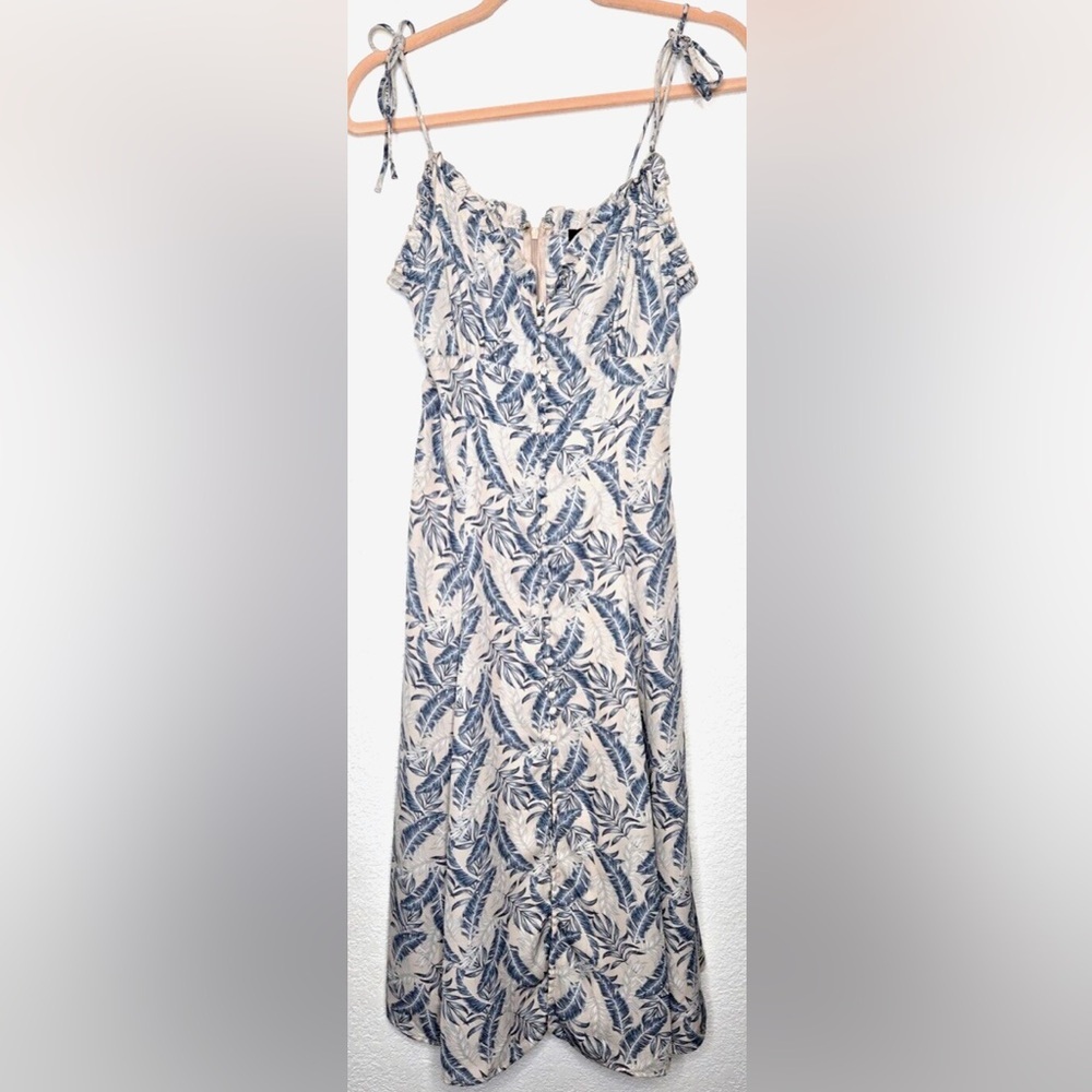 Womens Palm Print Midi Dress Medium Blue White Tropical Leaf Button Up Vacation